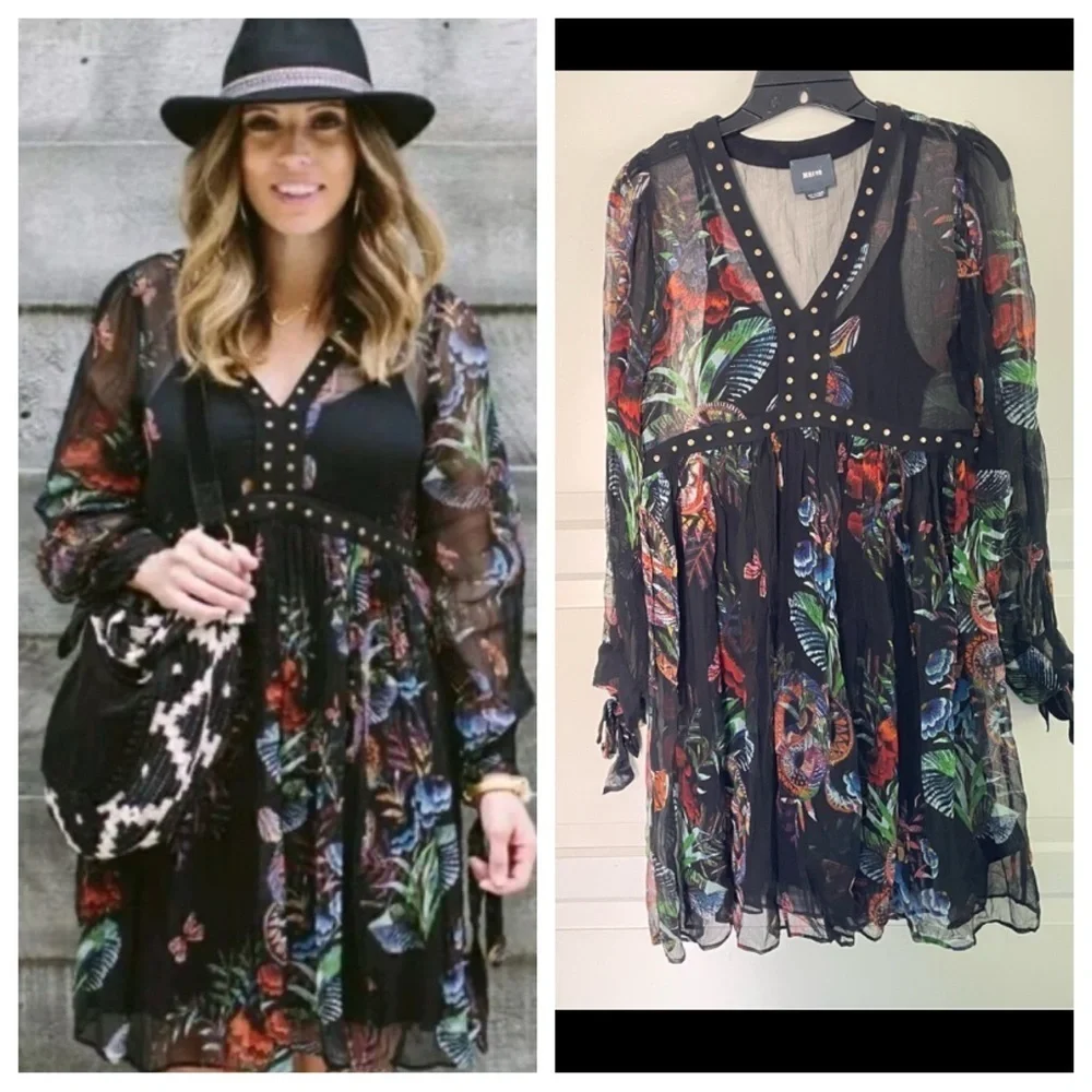 Anthropologie Maeve black print dress with black full slip 26420